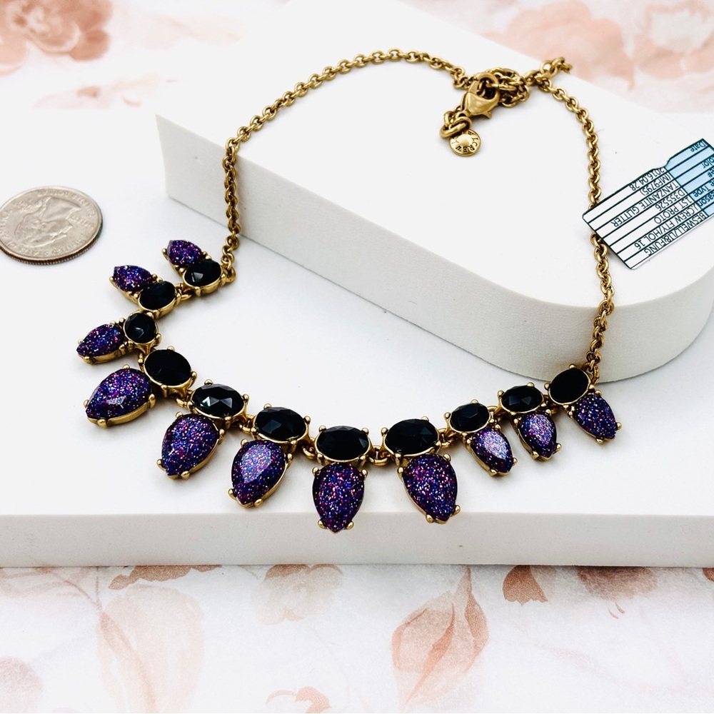 J.Crew vintage Gold tone purple multi crystal statement necklace